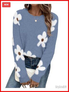 Womens Floral Chunky Knit Oversized Sweater Crewneck Pullover